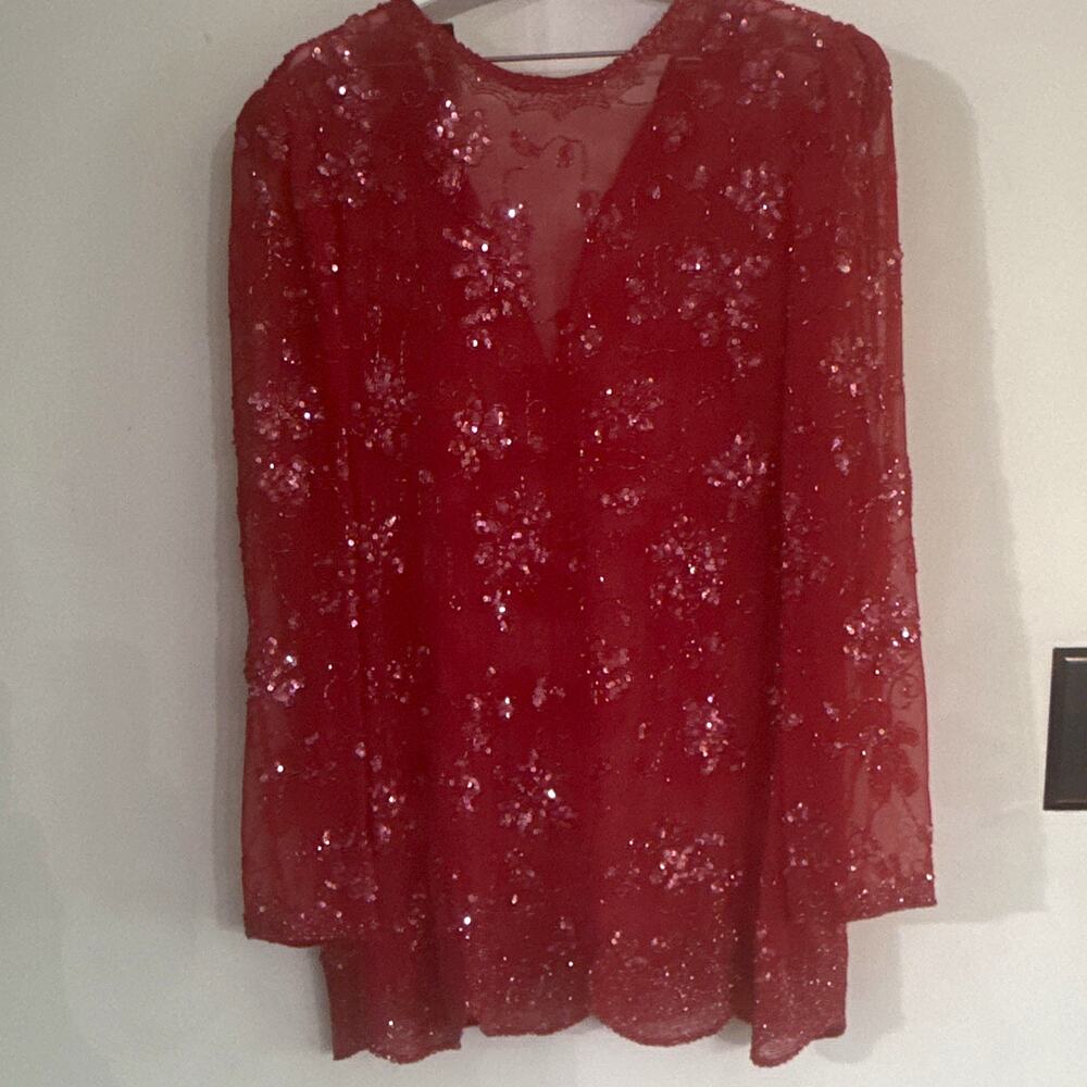 Vintage Jack Bryan Women’s Red Sheer Mesh Floral Sequin Beaded V-Neck Blouse M